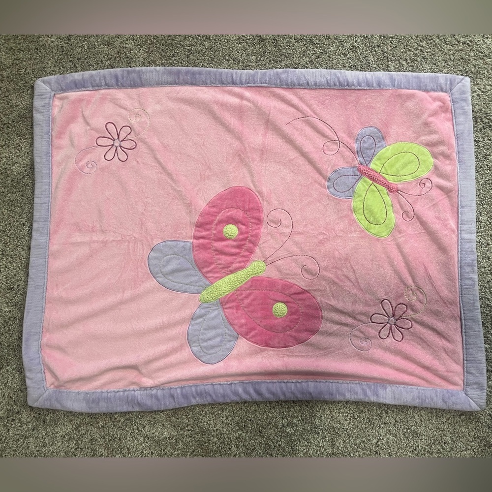 Koala Kids Pink Butterfly Reversible Baby Blanket with Lavender and Lime Accents